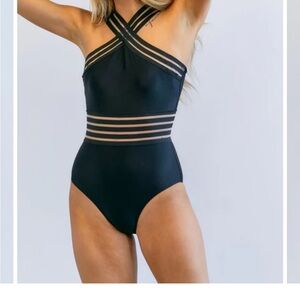 Black Strappy halter neck One-Piece Swimsuit Medium